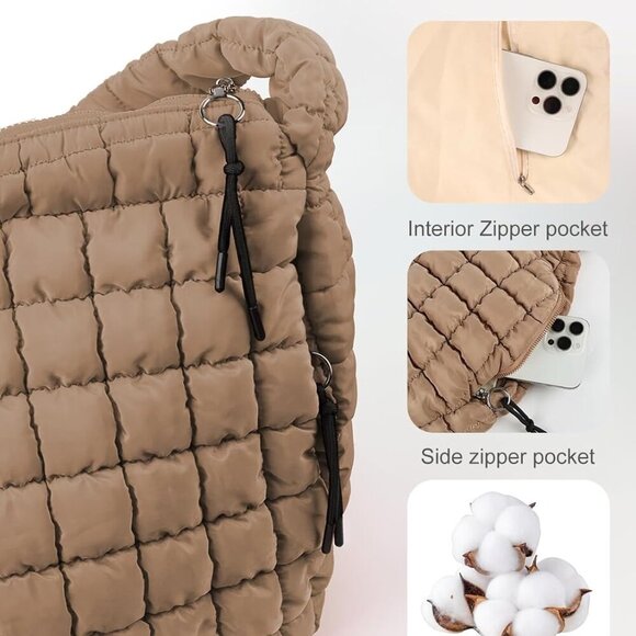 Women Puffer Tote Nylon Large Capacity Crossbody Bag Quilted Carryall - Picture 3 of 6